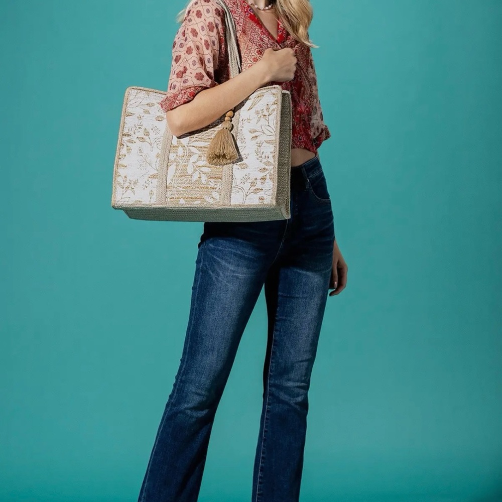Jute Shoulder Floral Bag Beige NWT - Picture 5 of 16
